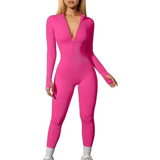 Hot Selling Women's Yoga Jumpsuit Exercise Ribbed Long Sleeved Front Zipper Sports Jumpsuit