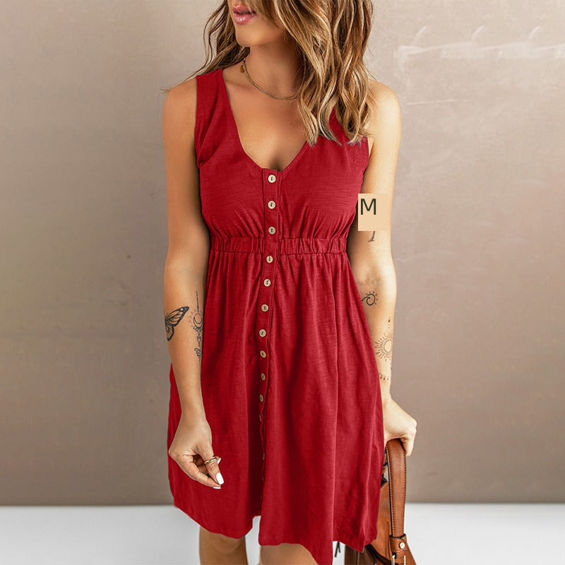 Summer New Arrival Niche Style Front Row Buttons Sleeveless Dress