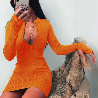 Women Half Zip Up Bodycon Party Dress Spring Autumn Long Sleeve Slim Rib Knitted Mini Dresses