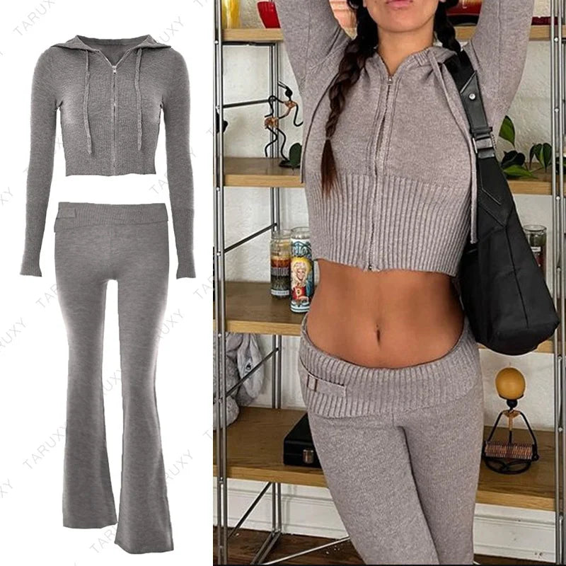 Autumn New Knitted Hoodie Set Women's Fashion Brand Solid Color Sexy High Waist Long Sleeve Pants Two Piece Set