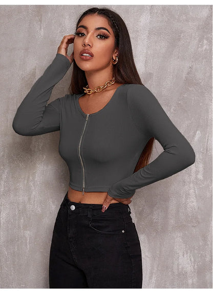 Sexy with Zipper Bare Midriff Slim T Shirt Women Long Sleeves Bottoming Shirt Ladies Tee Shirt Tops Camisetas Mujer