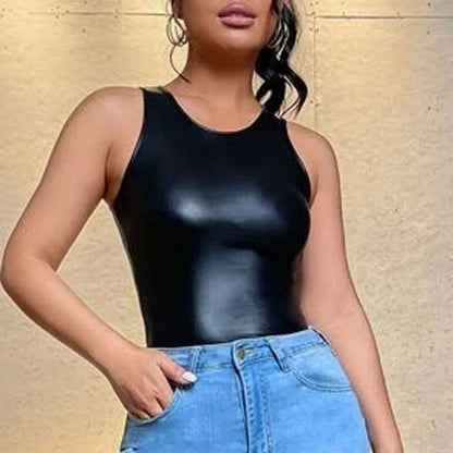 Glitter Strappy Tank Top Women Pu Leather Gothic Top Summer Sleeveless Sexy Camisole Ladies Black Vest Bodycon Crop Tops YJ