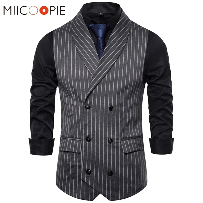 Mens Waistcoat Stripe Plaid Formal Suit Vest Men Fashion Casual Double Breasted Sleeveless Gilet Male Business Formal Vest