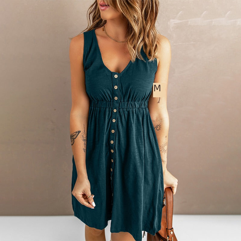 Summer New Arrival Niche Style Front Row Buttons Sleeveless Dress