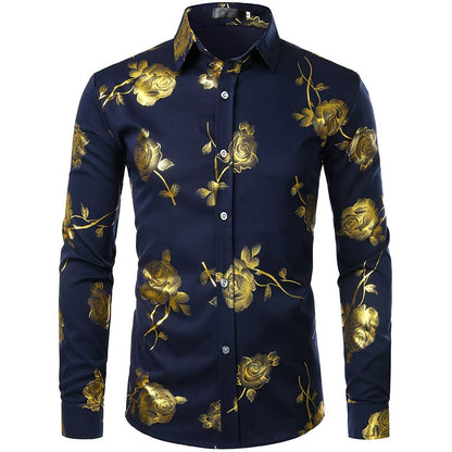 Men's Gold Shirt 3D Rose Print Slim Fit Button-Down Party Dress Shirt Athleisure Fashion Comfortable Long Sleeve