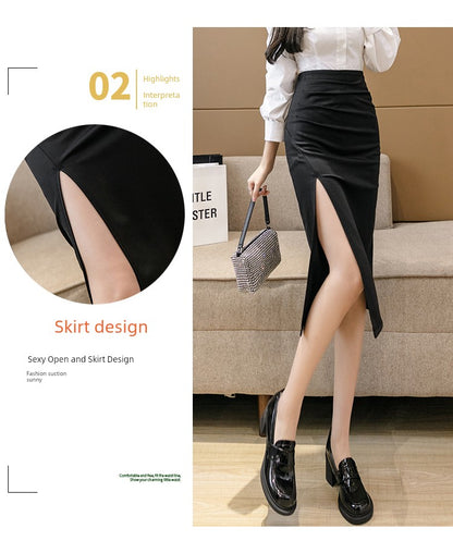 Irregular Slit Mid Length Long Length Spring Pleated Skirt