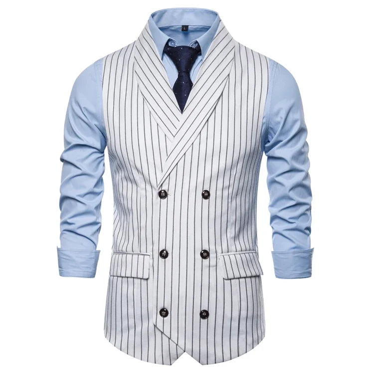 Mens Waistcoat Stripe Plaid Formal Suit Vest Men Fashion Casual Double Breasted Sleeveless Gilet Male Business Formal Vest