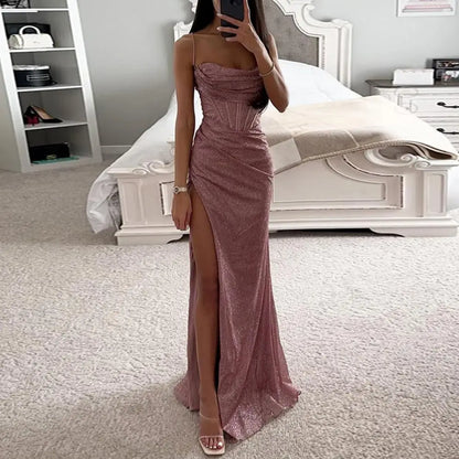 Versatile Party Dress Elegant Sequin Spaghetti Strap Evening Dress with Off Shoulder High Split for Women's Prom Floor Length