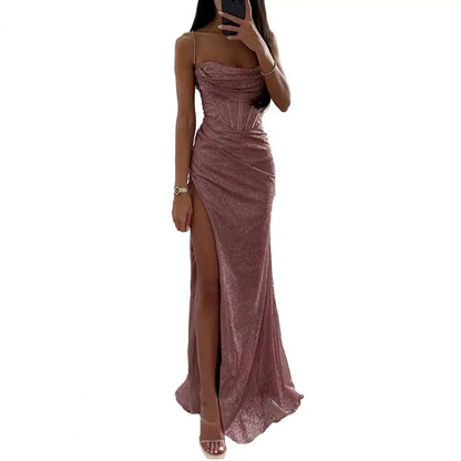 Versatile Party Dress Elegant Sequin Spaghetti Strap Evening Dress with Off Shoulder High Split for Women's Prom Floor Length