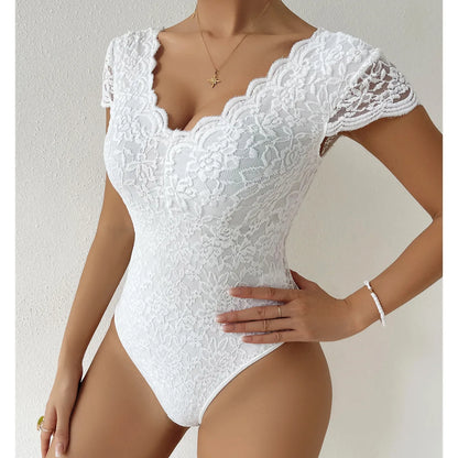 Sexy Bodysuit Women White Bodycon Long Sleeve V Neck Lace Bodysuits Overalls Tops Female Body Suit