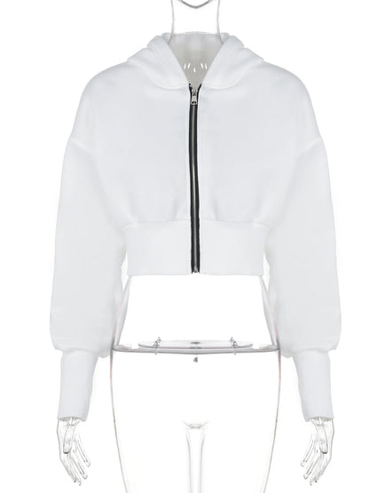 Cropped Zip Up Hoodies Women Hooded Zipper Jacket Streetwear Women's Fleece Sweatshirt White Black