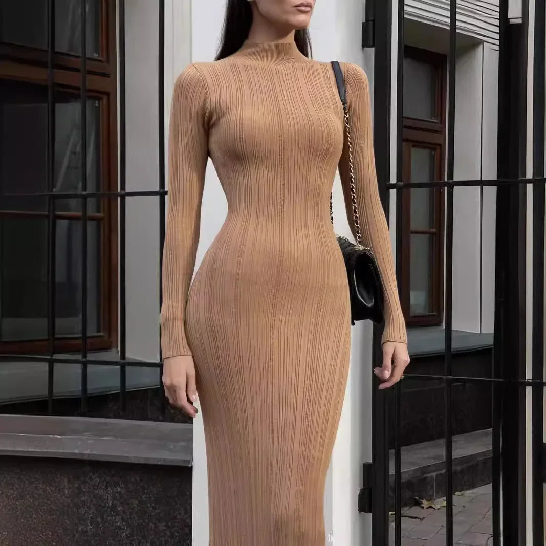 Long Sleeve Knitted Dress Women Elegant Turtleneck Slim Maxi Sweater Dresses Autumn Winter Casual Solid Basic Party Dress 2024