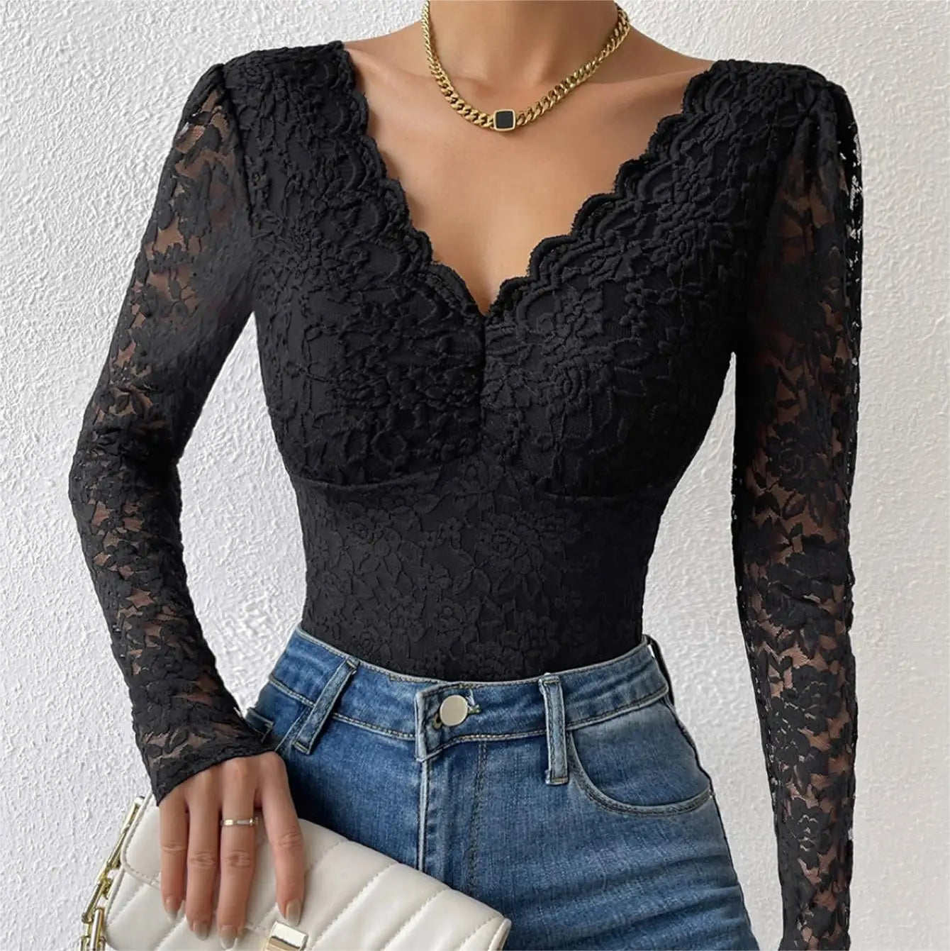 Women Floral Lace Scallop Trim Teddy Bodysuit Long Sleeve V Neck Slimming Body Shaper Sexy Night Club Party Leotards Tops