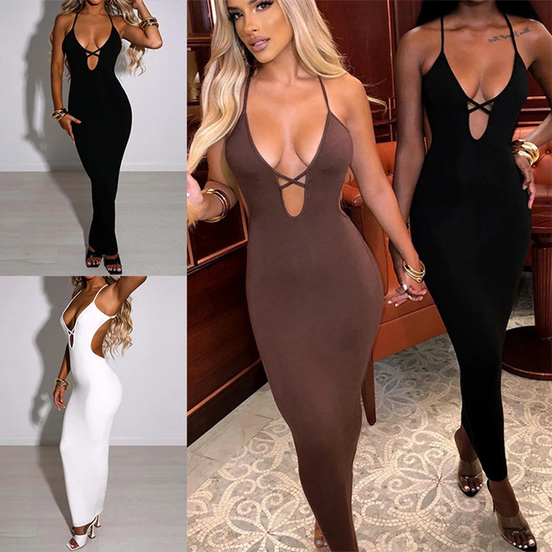 Summer Fashion Sexy Hollow Party Women Maxi Dresses Deep V Low-cut Cross Bandage Sleeveless Slim Chic Long Dress Clubwear Robe