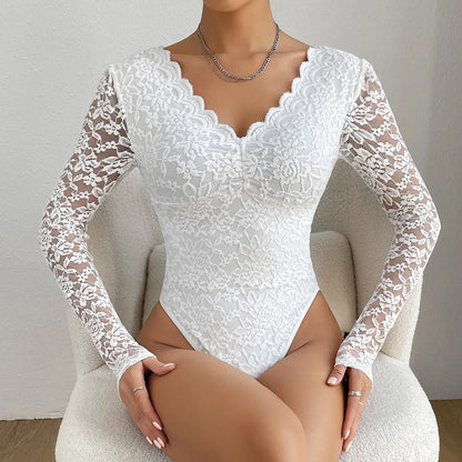 Women Floral Lace Scallop Trim Teddy Bodysuit Long Sleeve V Neck Slimming Body Shaper Sexy Night Club Party Leotards Tops