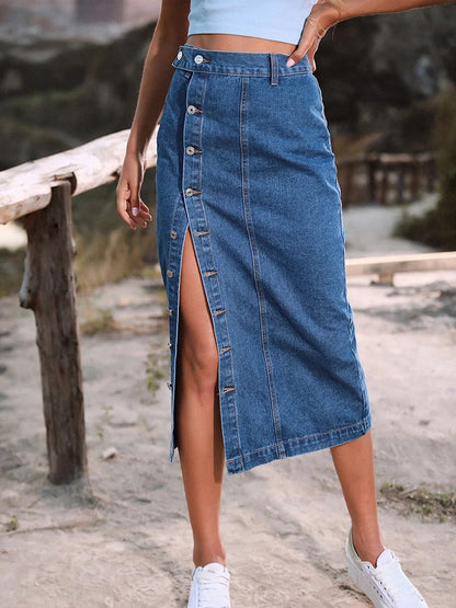 Sexy Streetwear Button Women Skirt Elegant Denim Skirt Female High Waist Casual Bodycon Long Skirts