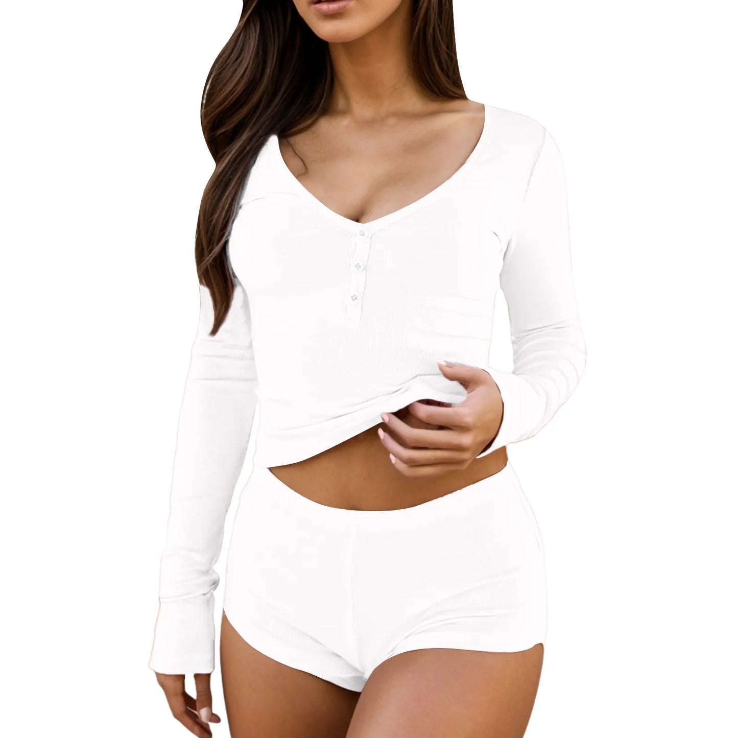 Women Long Sleeve Tops And Shorts Suit Slim Fit Casual Sleep Shirt Shorts Set Casual Solid Color Lightweight Comfy Nightshirt