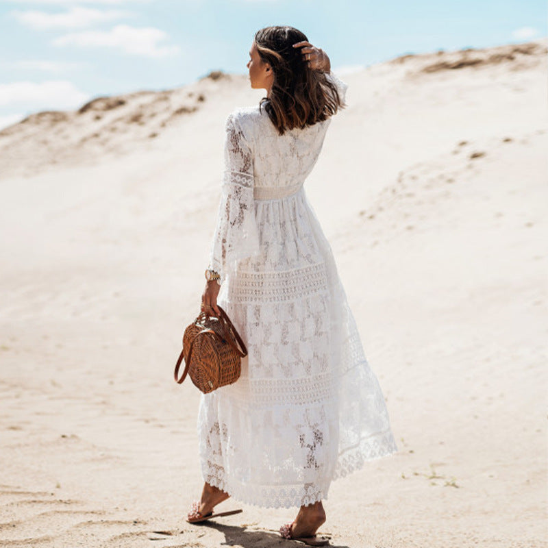 Women Flare Sleeve White Hollow Out Beach Bohemian Maxi Dresses Robe Lady V-neck Wrist Summer Evening Dress