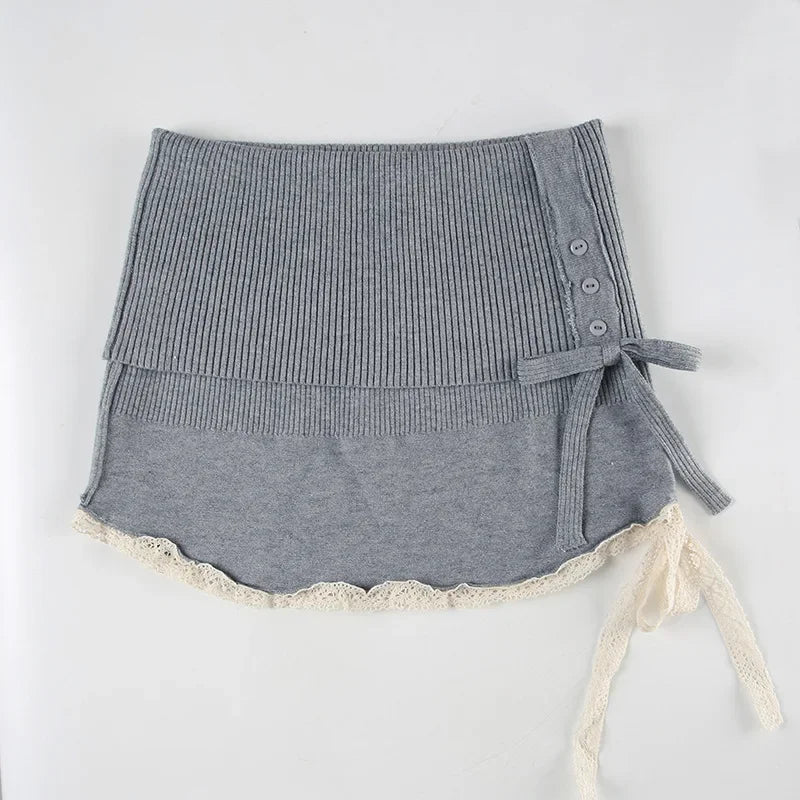 Grey Contrast Lace Patchwork Knitted Skirt for Autumn Winter Kawaii Bodycon Low Waist Sweater Skirts Cute Bottoms Women