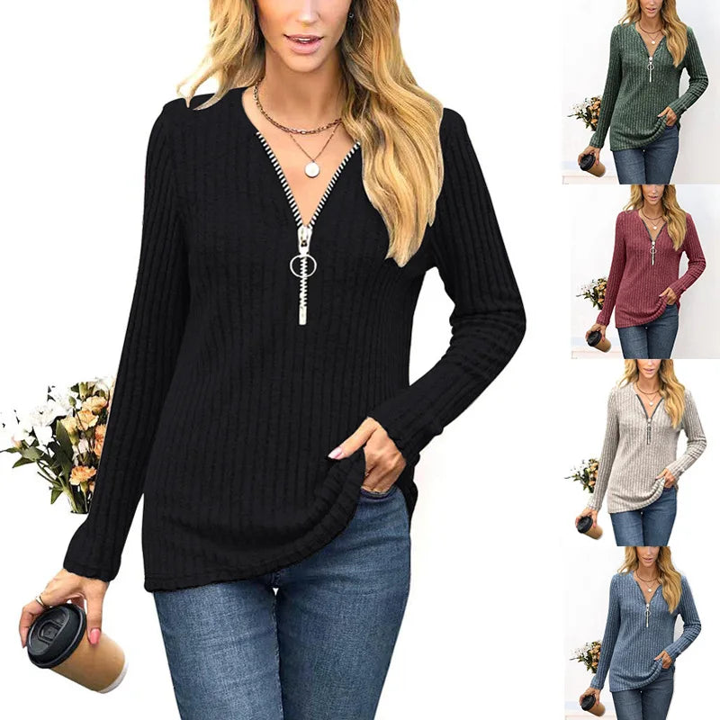 Autumn and Winter Woman Clothing V-neck Pullover Long Sleeved Tops Chest Zipper Top for Women Slim Blouse Casual Comfort T-shirt