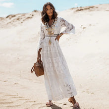 Women Flare Sleeve White Hollow Out Beach Bohemian Maxi Dresses Robe Lady V-neck Wrist Summer Evening Dress