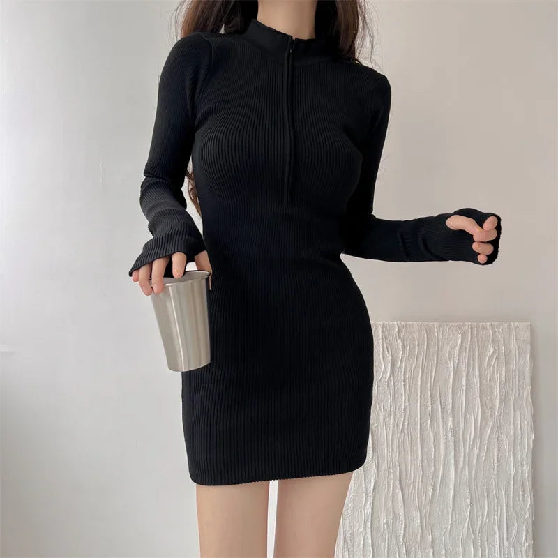 Chic Sheath Knitted Dress Women Blue New Autumn Zipper Stand Collar Mini Knit Vestido Long-sleeve Korean Street Knitwear Winter