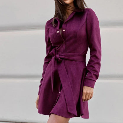 Commuter 2024 Solid Turn Down Collar Office Dress Women Elegant Long Sleeve High Street Office Dress Fashion Lace-up Mini Dress