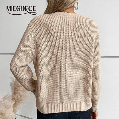 Women Solid Color Cardigan Twist Retro Jacket Single-Breasted V-Neck Knitted Sweater Casual Button Long-Sleeved