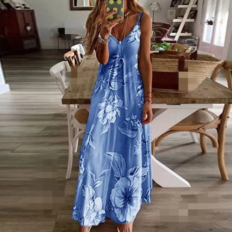 Women Green Floral Print V-Neck Long Dresses Casual Bohemian Sleeveless Women Beach Party Dress