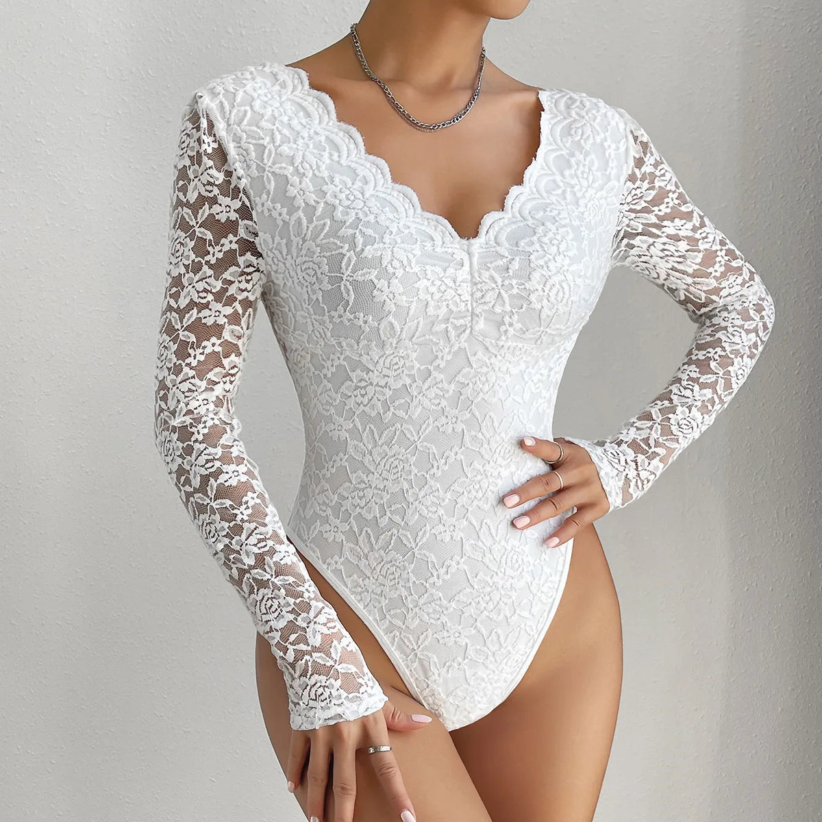 Women Floral Lace Scallop Trim Teddy Bodysuit Long Sleeve V Neck Slimming Body Shaper Sexy Night Club Party Leotards Tops