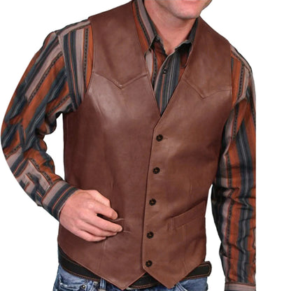 Men Waistcoat Leather Jacket Club Vest Men's Leather Vest V Neck Single-breasted Western Sleeveless