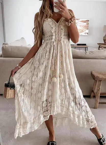 Elegant Dress 2024 Summer New V-neck Lace Hanging Strap Large Swing Solid Color Long Dress For Evening Party