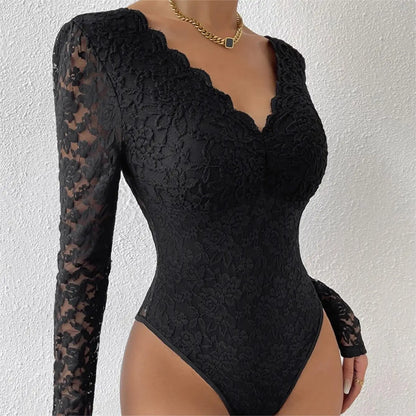 Sexy Bodysuit Women White Bodycon Long Sleeve V Neck Lace Bodysuits Overalls Tops Female Body Suit