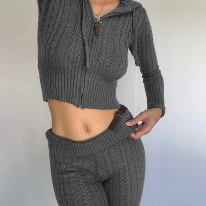 Fashion casual suit Autumn/Winter 2024 new elegant knitting cardigan Fried Dough Twists hooded coat trousers two-piece set