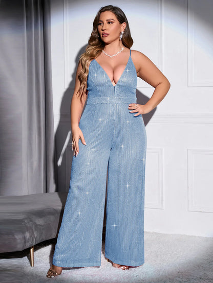 Cinemore  Chic and Elegant Women Jumpsuit Plus Size Sequin Wide Leg trousers Deep V Neck Sexy Cami dresses for Prom Bodysuit