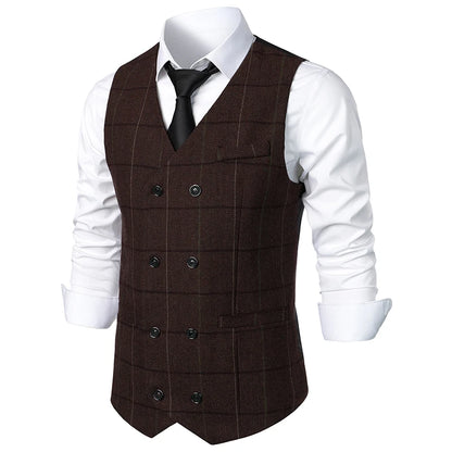 New Suit Vests Men Vintage Double Breasted Smart Casual Waistcoat Mens Sleeveless Formal Wedding Slim V Neck Suit Vest