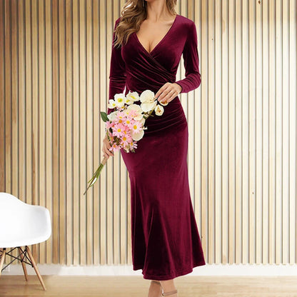 Sexy V-neck Draped Velvet Party Dress Women Elegant Solid Color Bodycon Dresses Autumn Lady Long Sleeve MIni Dress Vestidos