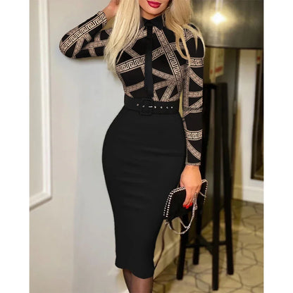 Fashion Print O-Neck Slim Midi Dress Women Elegant Long Sleeve Autumn Vestidos 2025 Spring New Casual Belt Bodycon Party Dresses