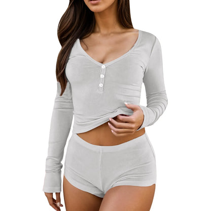 Women Long Sleeve Tops And Shorts Suit Slim Fit Casual Sleep Shirt Shorts Set Casual Solid Color Lightweight Comfy Nightshirt