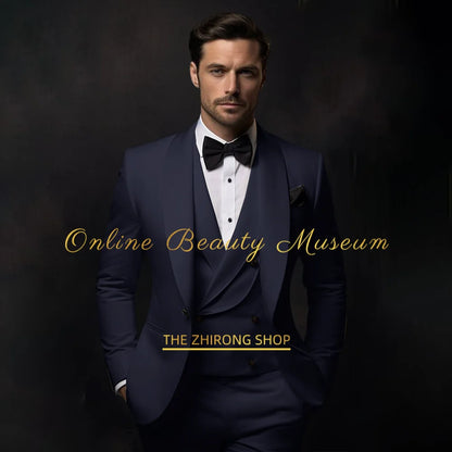 Elegant  Navy blue Tuxedo Suit for Men 3 piece set Jacket Vest Pants Classic Attire for Wedding Dating Host Prom Ball Party