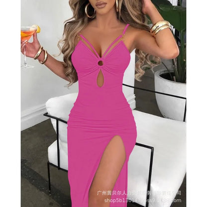 Summer Sexy Dress Women Sleeveless Spaghetti Strap Bodycon Dress Jacquard Fabric Sling Hollow Party Dresses