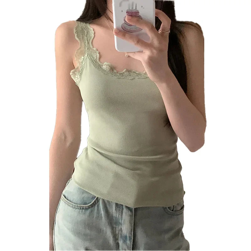 Floral Lace Camisole with Chest Cushion Slim Fit Solid Color Tank Tops Summer Sweet All-match Soft Comfy Vest Top