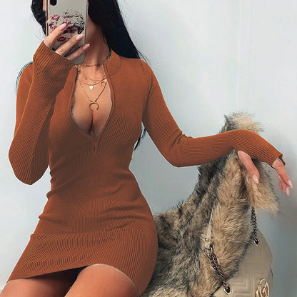 Women Half Zip Up Bodycon Party Dress Spring Autumn Long Sleeve Slim Rib Knitted Mini Dresses