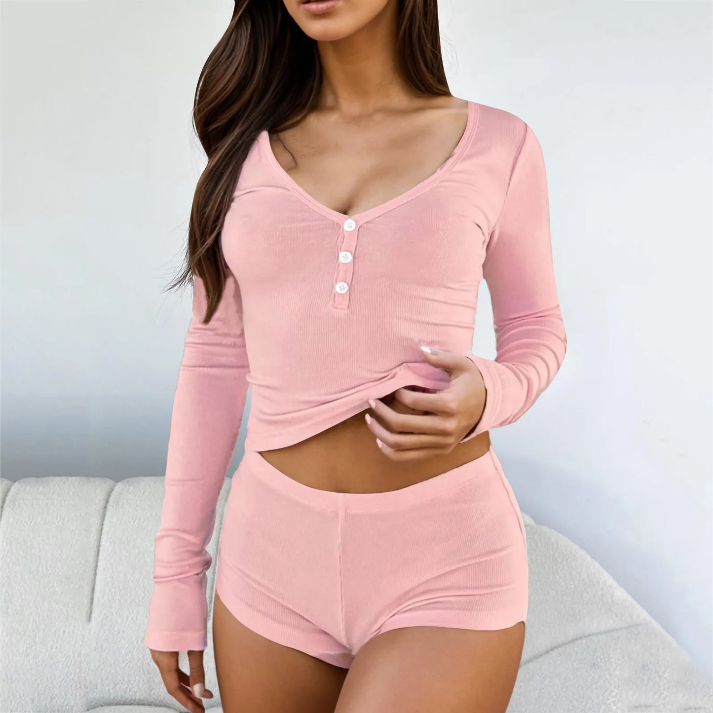 Women Long Sleeve Tops And Shorts Suit Slim Fit Casual Sleep Shirt Shorts Set Casual Solid Color Lightweight Comfy Nightshirt