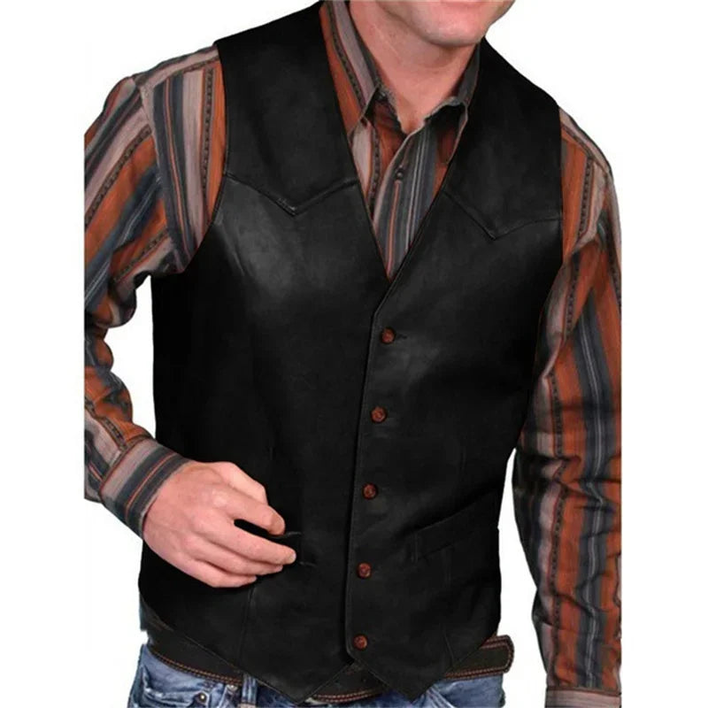 Leather Vest for Men Waistcoat  Western Cowboy Casual