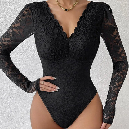 Sexy Bodysuit Women White Bodycon Long Sleeve V Neck Lace Bodysuits Overalls Tops Female Body Suit