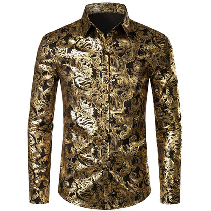 Men's Gold Shirt 3D Rose Print Slim Fit Button-Down Party Dress Shirt Athleisure Fashion Comfortable Long Sleeve