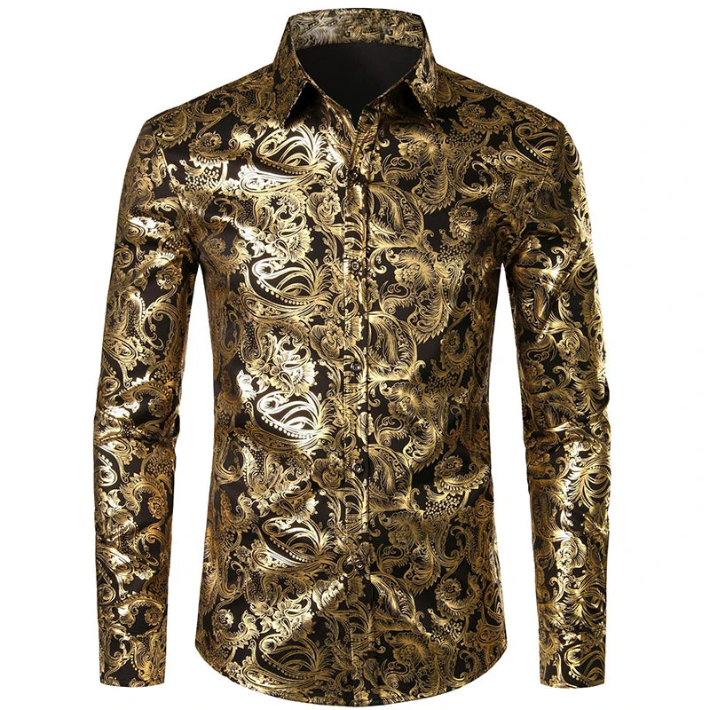 2024 New Men's Gold Shirt 3D Rose Print Slim Fit Button-Down Party Shirt Athleisure Fashion Comfortable Long Sleeve