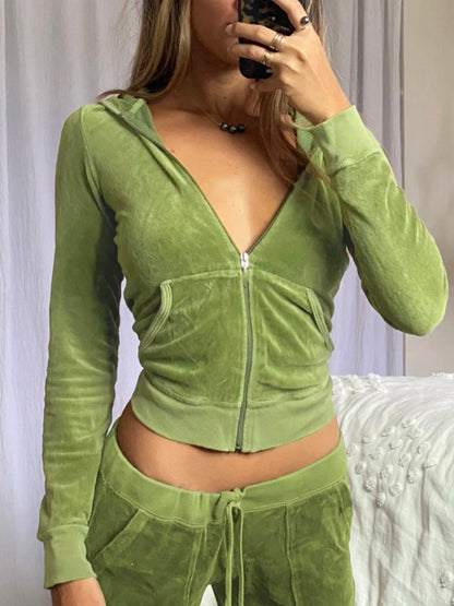 Cute Velvet Y2K Crop Hoodies Women Zip Up Hooded Jacket Pullover Vintage Aesthetic Casual Green Sweatshirts