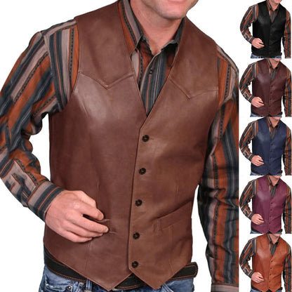 Men Waistcoat Leather Jacket Club Vest Men's Leather Vest V Neck Single-breasted Western Sleeveless